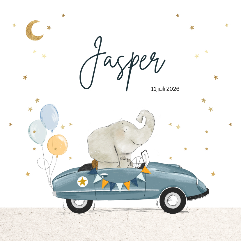 Geboortekaartje met olifant in feestelijke retro trapauto - Geboortekaartjes Geboortekaartjes - Geboortekaartje met olifant in feestelijke retro trapauto