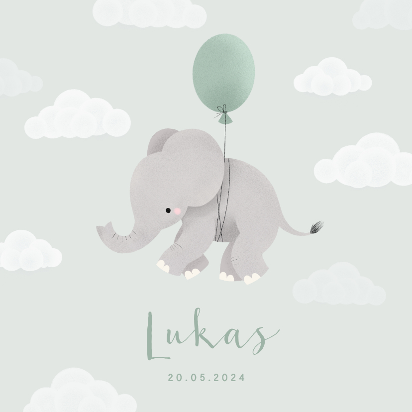 Geboortekaartjes - Geboortekaartje met olifantje aan ballon en wolkjes