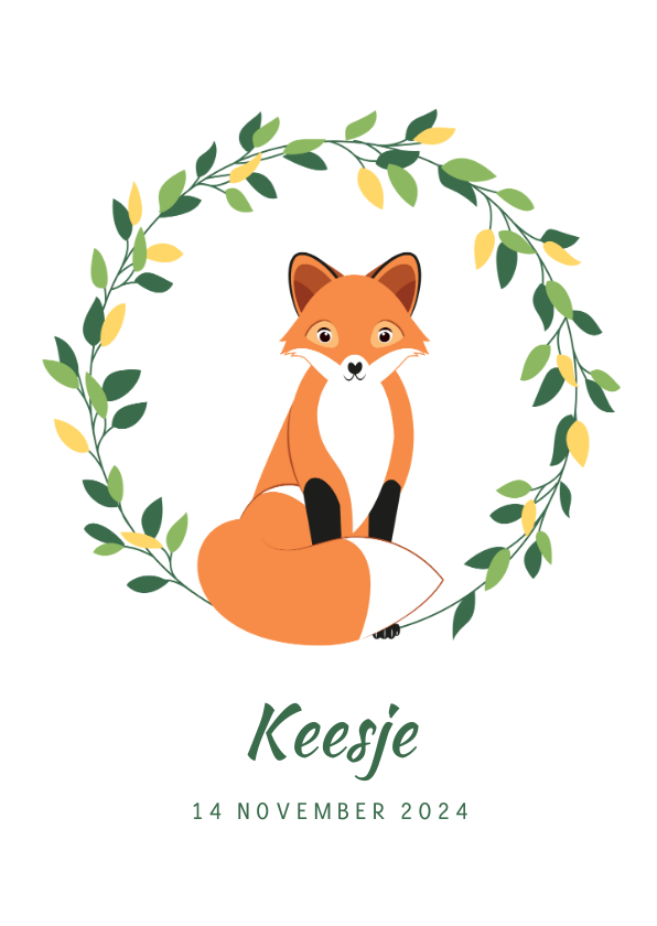 Geboortekaartje met sierlijke bladerenkrans en vosje - Geboortekaartjes Geboortekaartjes - Geboortekaartje met sierlijke bladerenkrans en vosje