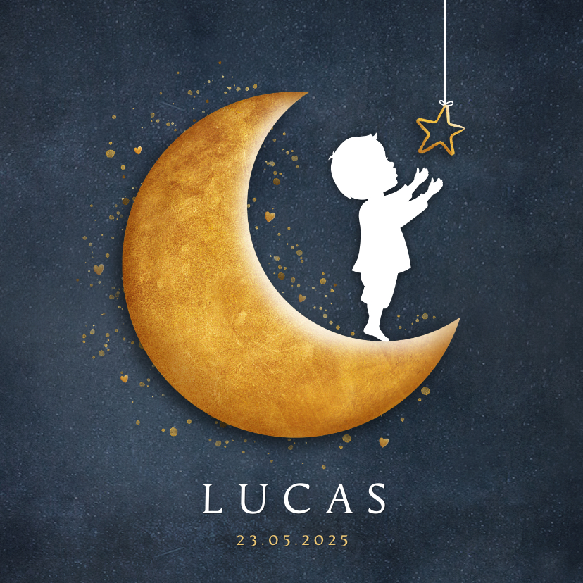Geboortekaartjes - Geboortekaartje met silhouet van een jongen op gouden maan