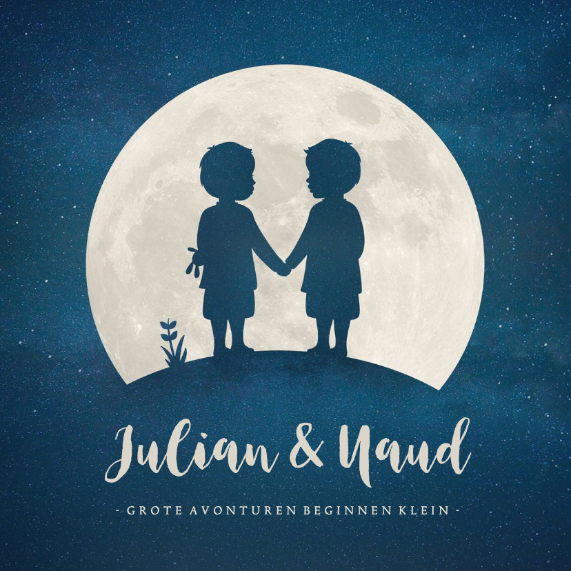 Geboortekaartje met silhouet van jongens tweeling in maan - Geboortekaartjes Geboortekaartjes - Geboortekaartje met silhouet van jongens tweeling in maan