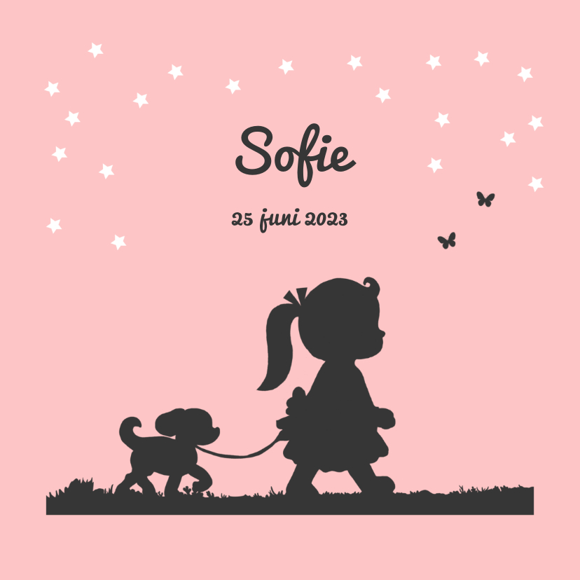 Geboortekaartje met silhouet van meisje en hondje - Geboortekaartjes Geboortekaartjes - Geboortekaartje met silhouet van meisje en hondje