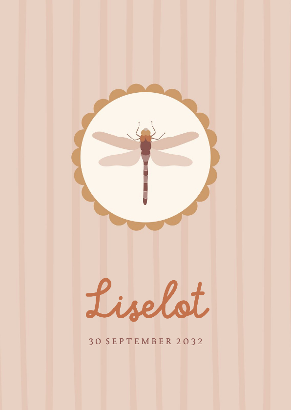 Geboortekaartje met strepen en libelle roze - Geboortekaartjes Geboortekaartjes - Geboortekaartje met strepen en libelle roze