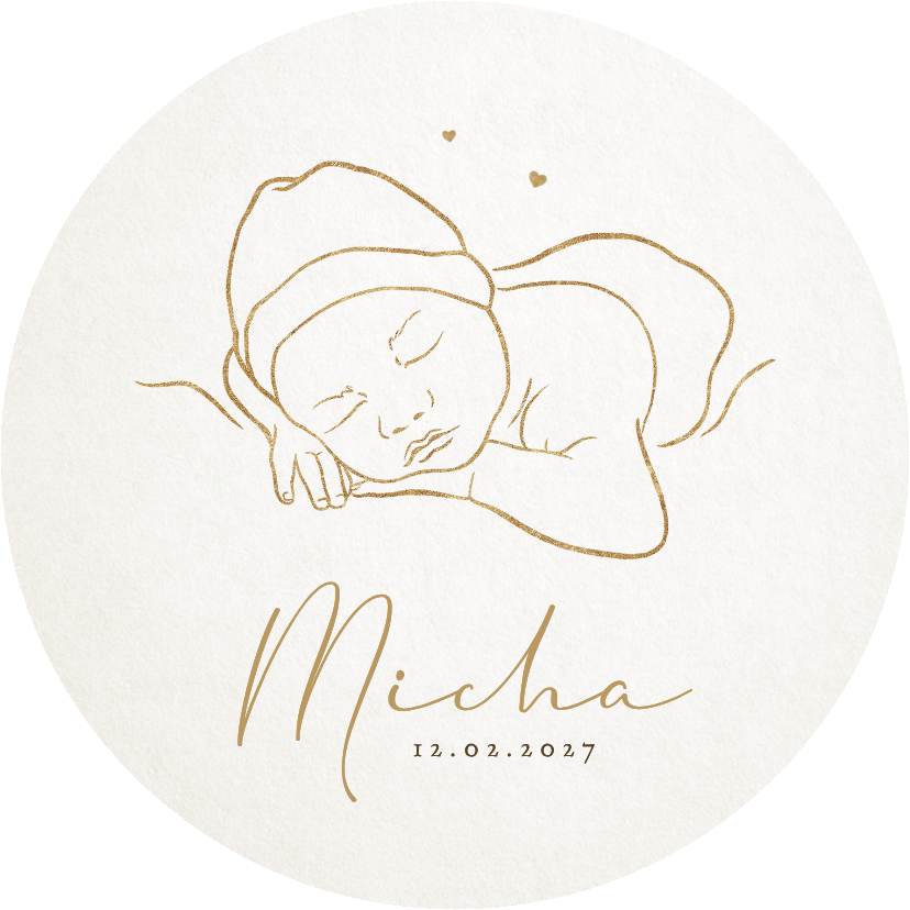 Geboortekaartjes - Geboortekaartje met tekening van baby goud hartjes lief