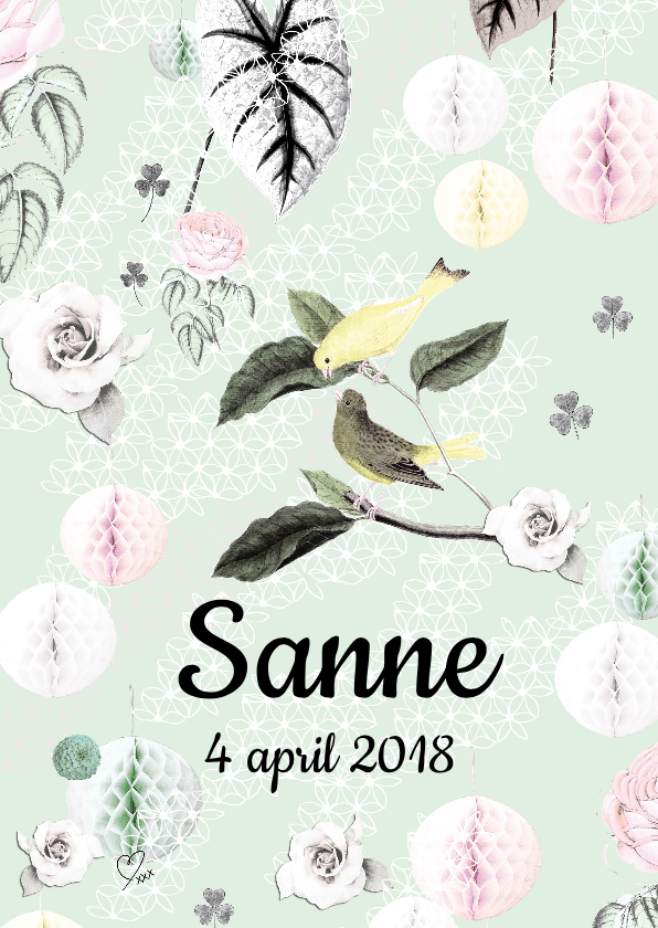 Geboortekaartje met vrolijke vogeltjes, bloemen en pompoms - Geboortekaartjes Geboortekaartjes - Geboortekaartje met vrolijke vogeltjes, bloemen en pompoms