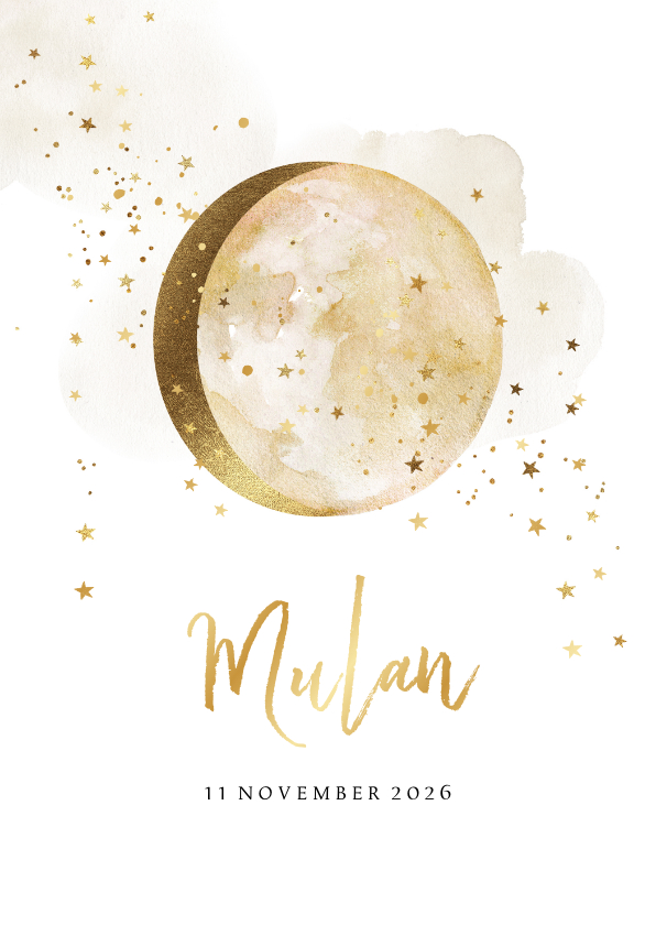 Geboortekaartje met watercolour, maan en sterretjes in goud - Geboortekaartjes Geboortekaartjes - Geboortekaartje met watercolour, maan en sterretjes in goud