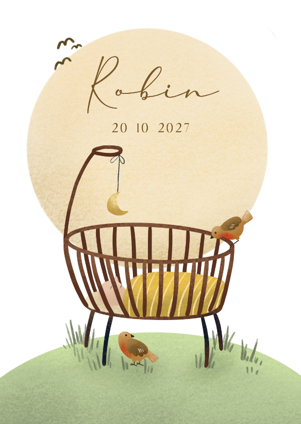 Geboortekaartje met wieg en zon en vogels - Geboortekaartjes Geboortekaartjes - Geboortekaartje met wieg en zon en vogels