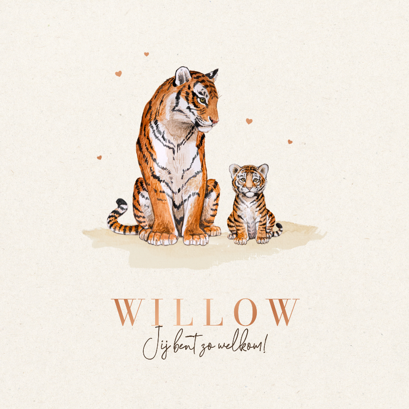 Geboortekaartjes - Geboortekaartje neutraal tijgers schattig hartjes koper