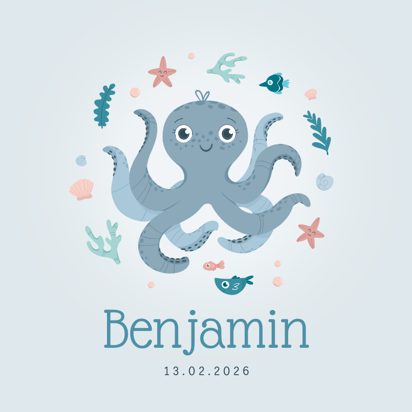 Geboortekaartjes - Geboortekaartje octopus oceaan jongen zeester