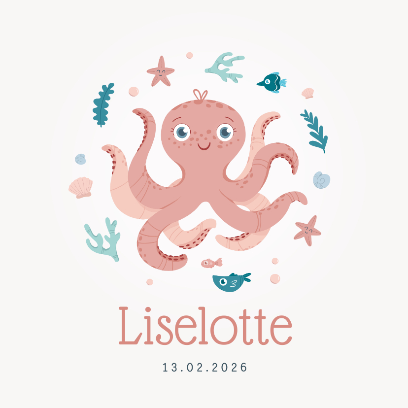 Geboortekaartjes - Geboortekaartje octopus oceaan meisje zeester
