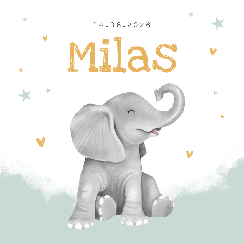 Geboortekaartje olifant jongen hartjes goud waterverf - Geboortekaartjes Geboortekaartjes - Geboortekaartje olifant jongen hartjes goud waterverf