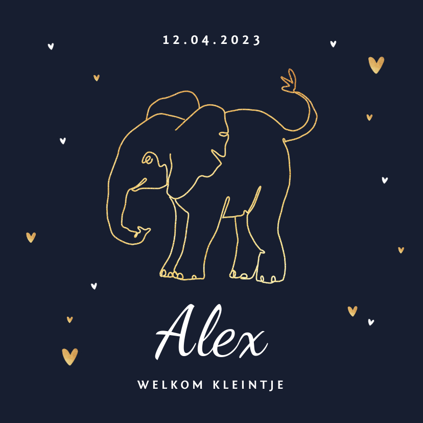 Geboortekaartje olifant jongen stijlvol goud lijntekening - Geboortekaartjes Geboortekaartjes - Geboortekaartje olifant jongen stijlvol goud lijntekening