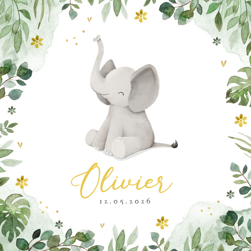 Geboortekaartje olifant jungle bloemen waterverf hartjes - Geboortekaartjes Geboortekaartjes - Geboortekaartje olifant jungle bloemen waterverf hartjes