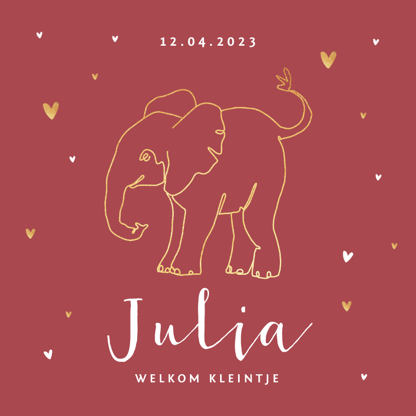 Geboortekaartjes - Geboortekaartje olifant meisje stijlvol goud lijntekening
