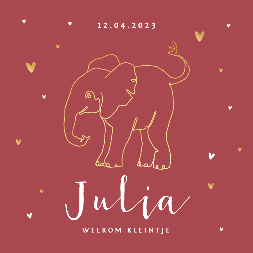 Geboortekaartje olifant meisje stijlvol goud lijntekening - Geboortekaartjes Geboortekaartjes - Geboortekaartje olifant meisje stijlvol goud lijntekening