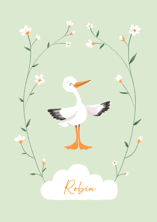 Geboortekaartjes - Geboortekaartje ooievaar met bloemenrand