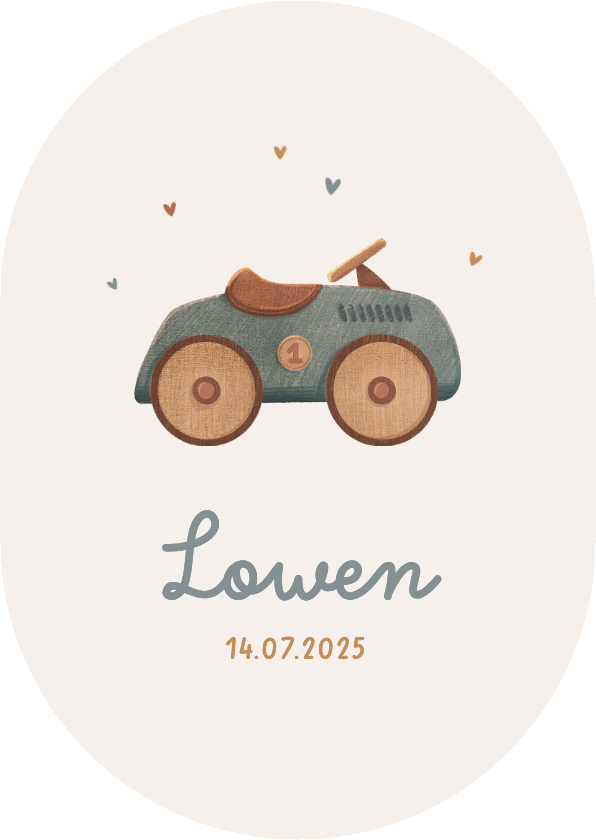 Geboortekaartjes - Geboortekaartje ovaal auto vintage retro speelgoed hout hip