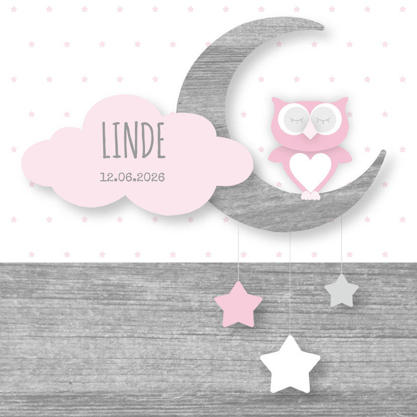 Geboortekaartjes - Geboortekaartje uiltje maan en sterren roze