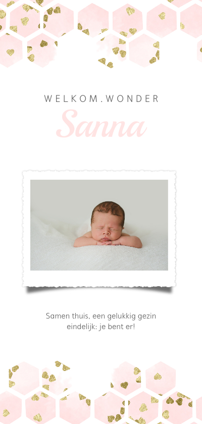 Geboortekaartjes - Geboortekaartje panorama met hexagon en hartjes confetti