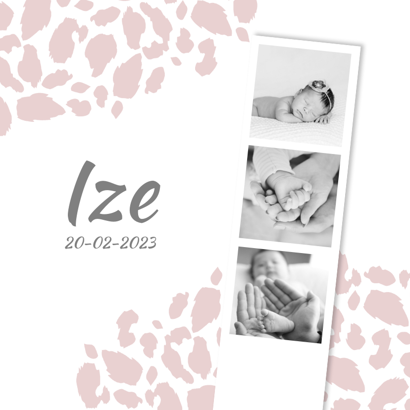 Geboortekaartje panterprint fotostrip roze - Geboortekaartjes Geboortekaartjes - Geboortekaartje panterprint fotostrip roze