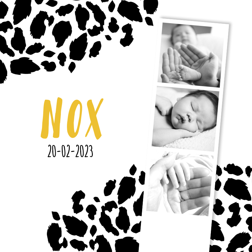 Geboortekaartje panterprint fotostrip zwart-wit - Geboortekaartjes Geboortekaartjes - Geboortekaartje panterprint fotostrip zwart-wit