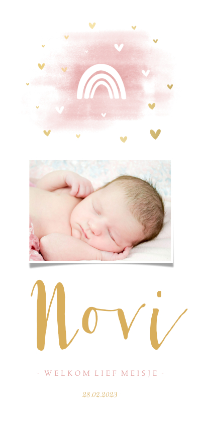 Geboortekaartjes - Geboortekaartje regenboog met foto, hartjes en waterverf