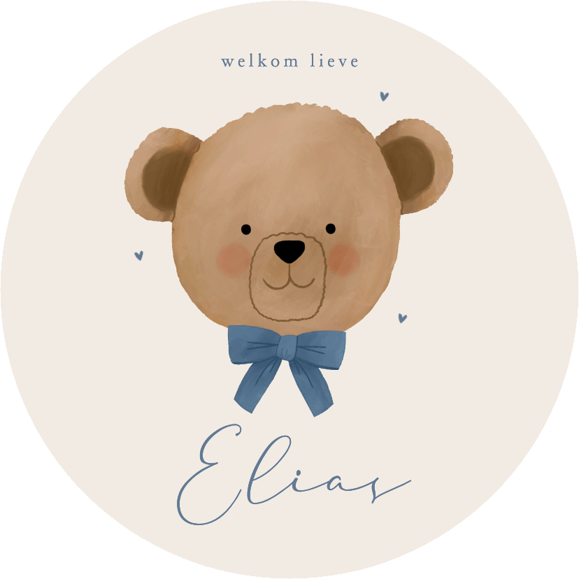 Geboortekaartjes - Geboortekaartje rond teddybeer met blauwe strik
