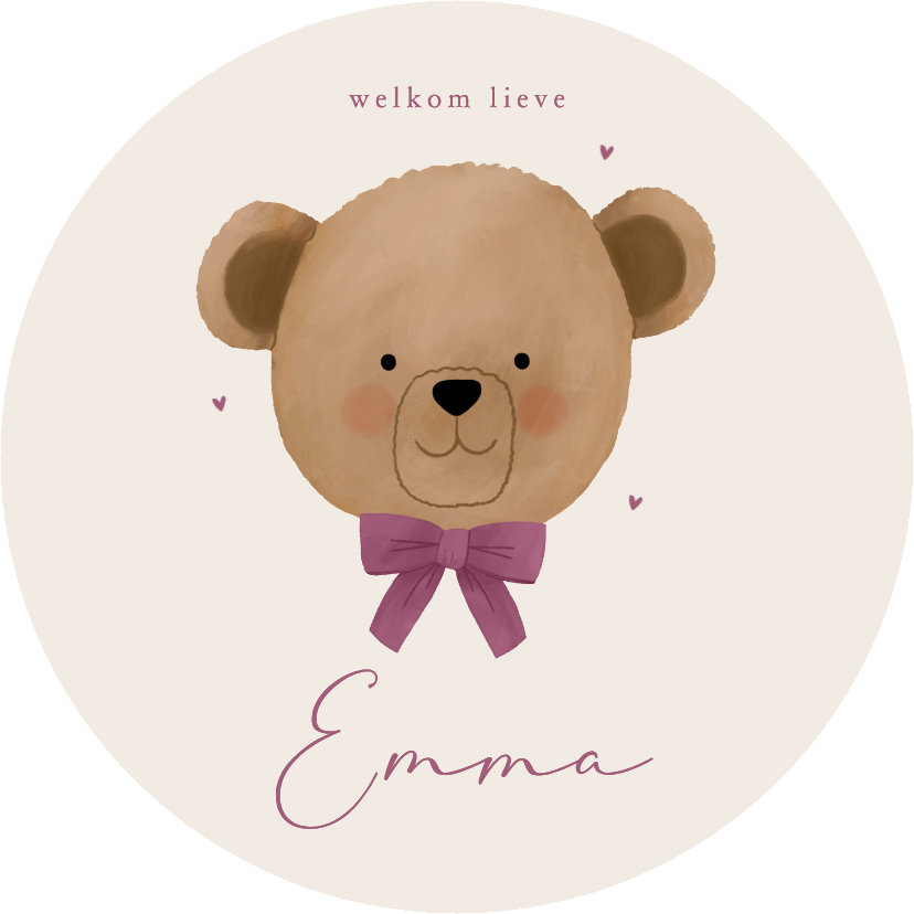 Geboortekaartjes - Geboortekaartje rond teddybeer met paarse strik