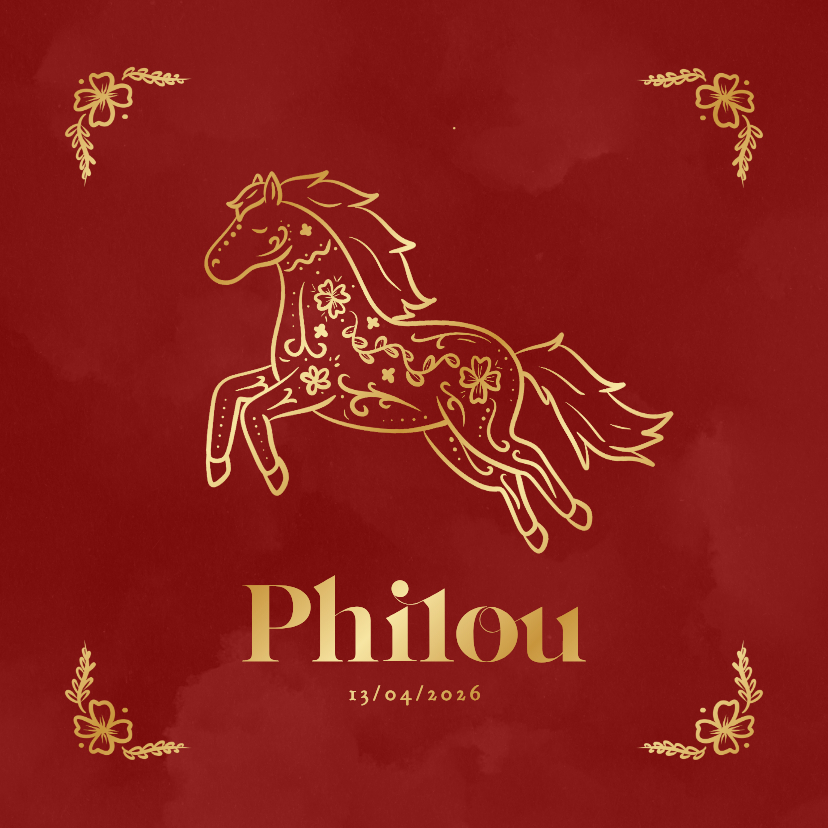 Geboortekaartjes - Geboortekaartje rood met gouden paard Chinees sterrenbeeld