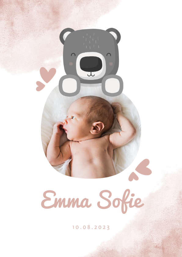 Geboortekaartjes - Geboortekaartje roze met foto, beer en waterverf