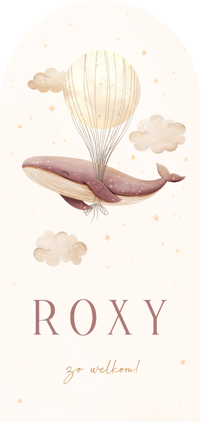 Geboortekaartjes - Geboortekaartje roze walvis boog met sterren en maan