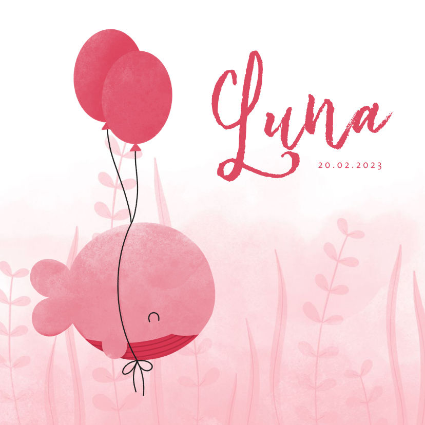 Geboortekaartje roze walvis met ballonnen en waterverf - Geboortekaartjes Geboortekaartjes - Geboortekaartje roze walvis met ballonnen en waterverf