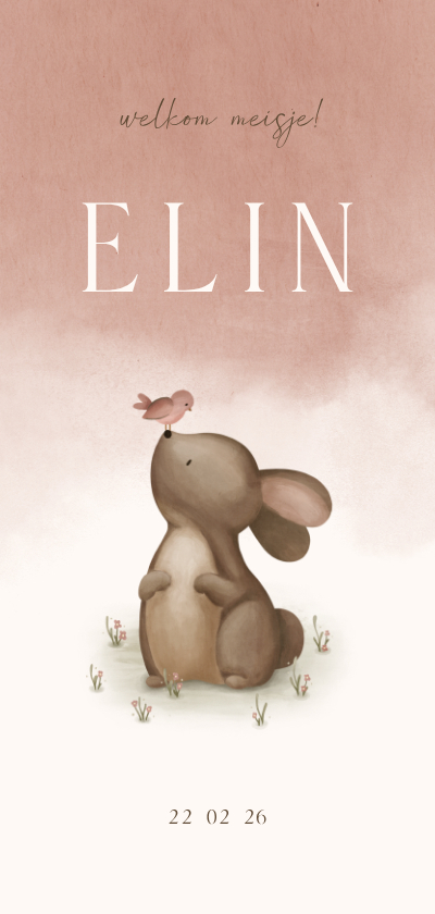 Geboortekaartje roze waterverf met een konijn en vogeltje - Geboortekaartjes Geboortekaartjes - Geboortekaartje roze waterverf met een konijn en vogeltje