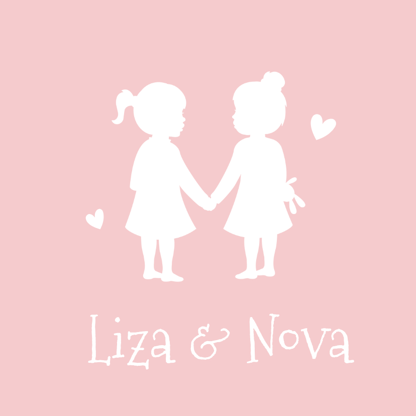 Geboortekaartjes - Geboortekaartje silhouet 2 meisjes tweeling kleur aanpasbaar