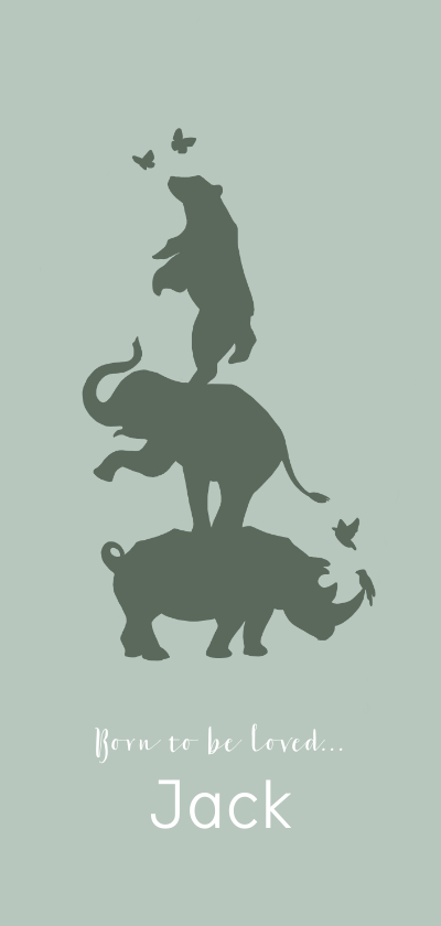 Geboortekaartje silhouet neushoorn, olifant en beer - Geboortekaartjes Geboortekaartjes - Geboortekaartje silhouet neushoorn, olifant en beer