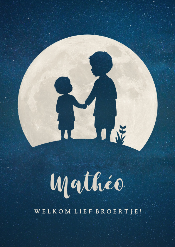 Geboortekaartje silhouet van 2 broertjes volle maan - Geboortekaartjes Geboortekaartjes - Geboortekaartje silhouet van 2 broertjes volle maan
