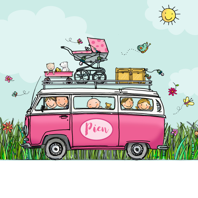 Geboortekaartje vwbusje roze met broer en zusje - Geboortekaartjes Geboortekaartjes - Geboortekaartje vwbusje roze met broer en zusje