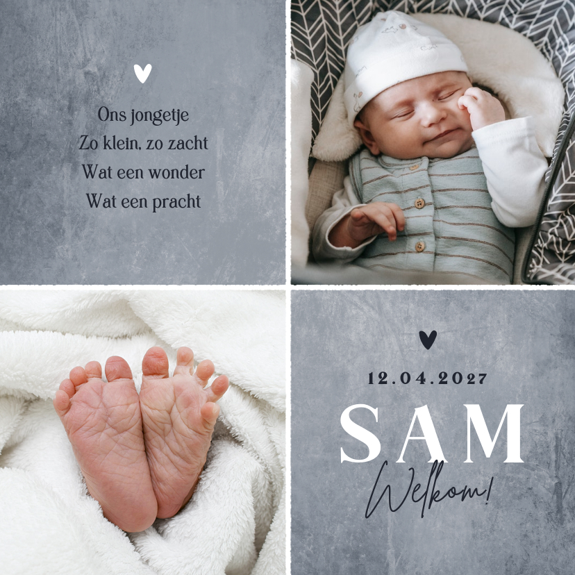 Geboortekaartjes - Geboortekaartje stoer betonlook foto hartjes