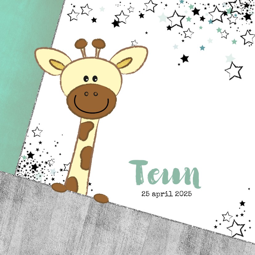 Geboortekaartjes - Geboortekaartje stoer kaartje met giraffe en sterren