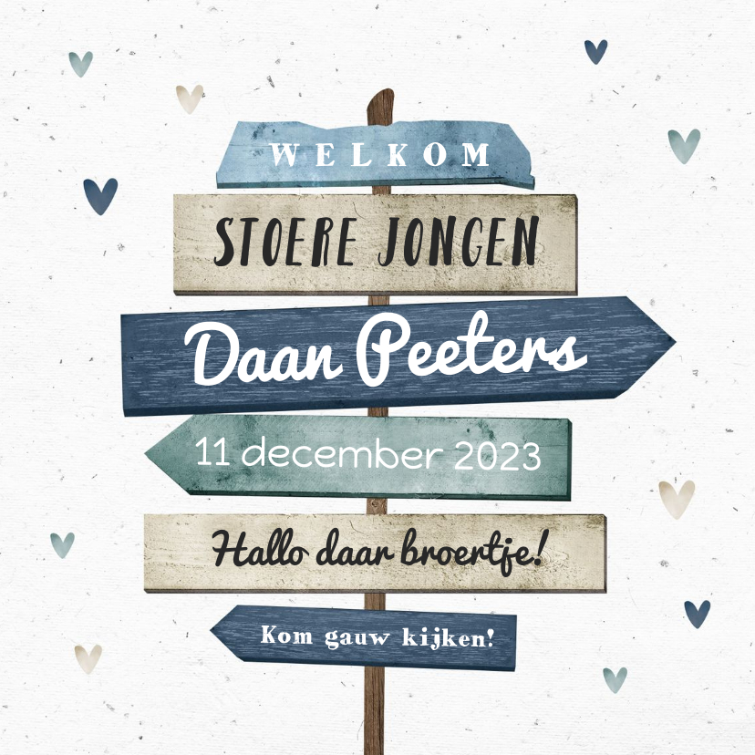 Geboortekaartje stoer met wegwijzers en hartjes - Geboortekaartjes Geboortekaartjes - Geboortekaartje stoer met wegwijzers en hartjes