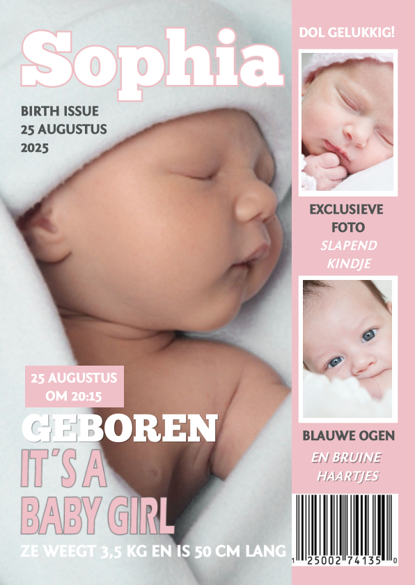 Geboortekaartjes - Geboortekaartje Tijdschrift Roze