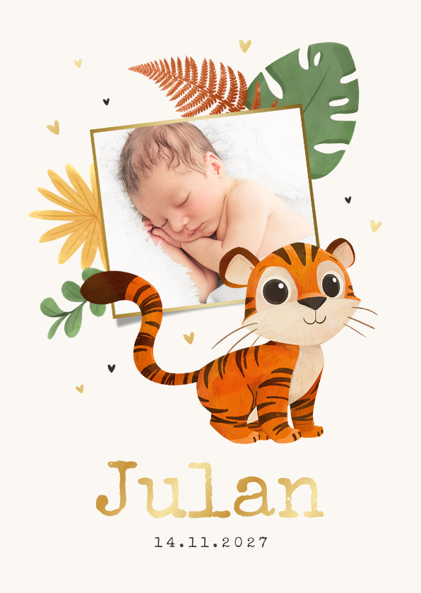 Geboortekaartje tijger jungle hartjes foto goud - Geboortekaartjes Geboortekaartjes - Geboortekaartje tijger jungle hartjes foto goud