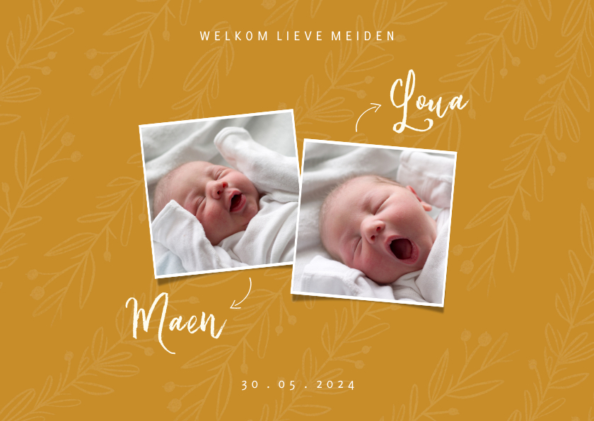 Geboortekaartje trendy oker tweeling met foto's en takjes - Geboortekaartjes Geboortekaartjes - Geboortekaartje trendy oker tweeling met foto's en takjes