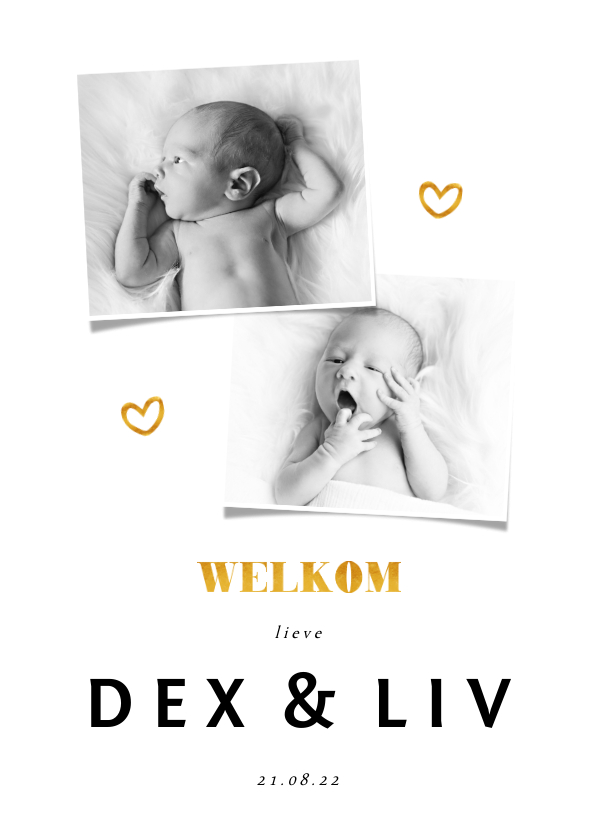 Geboortekaartje tweeling foto's gouden accenten en staand - Geboortekaartjes Geboortekaartjes - Geboortekaartje tweeling foto's gouden accenten en staand