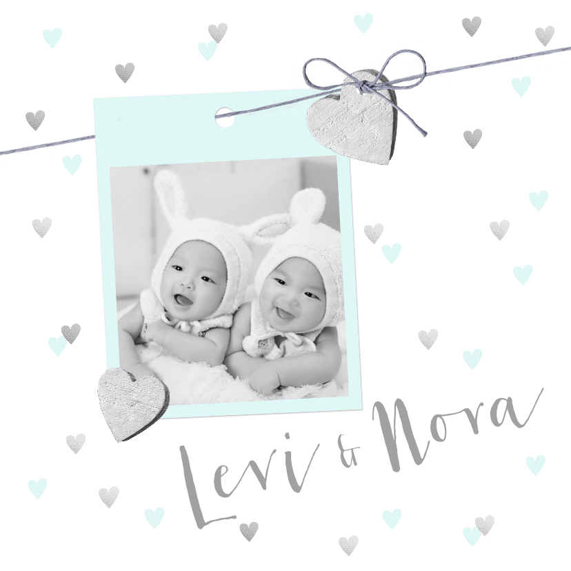 Geboortekaartjes - Geboortekaartje tweeling hartjes en foto mint