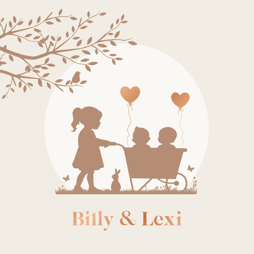 Geboortekaartje tweeling in kruiwagen met zusje - Geboortekaartjes Geboortekaartjes - Geboortekaartje tweeling in kruiwagen met zusje