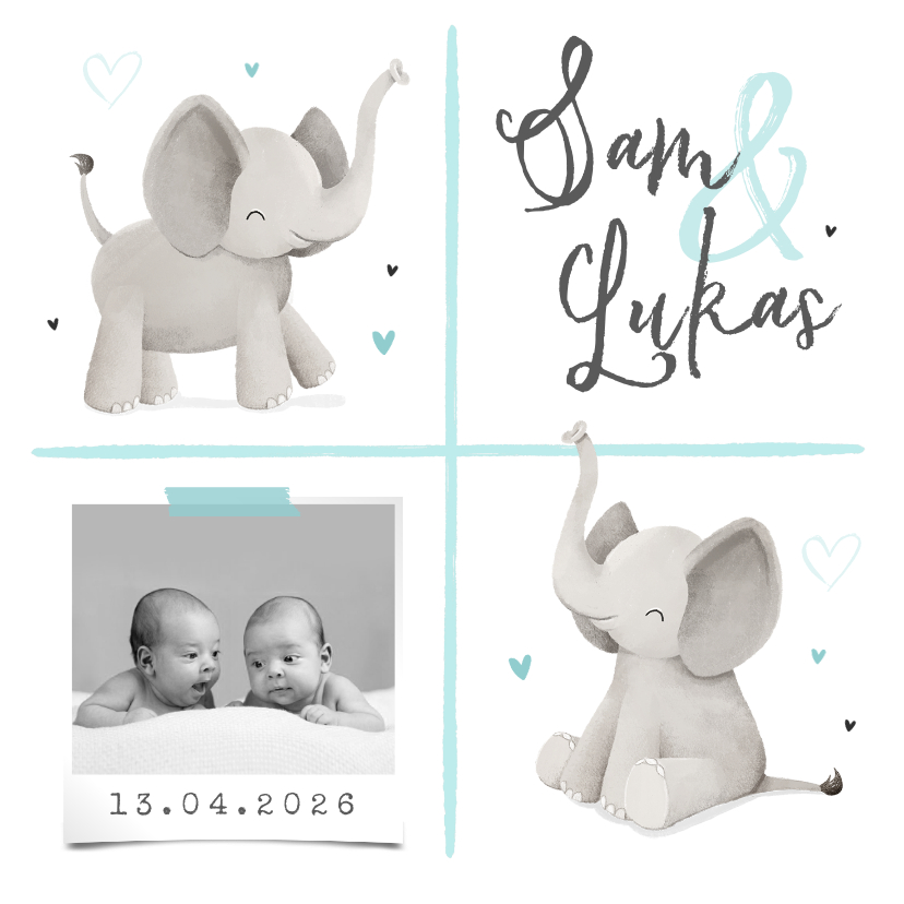 Geboortekaartjes - Geboortekaartje tweeling jongens olifantjes hartjes foto