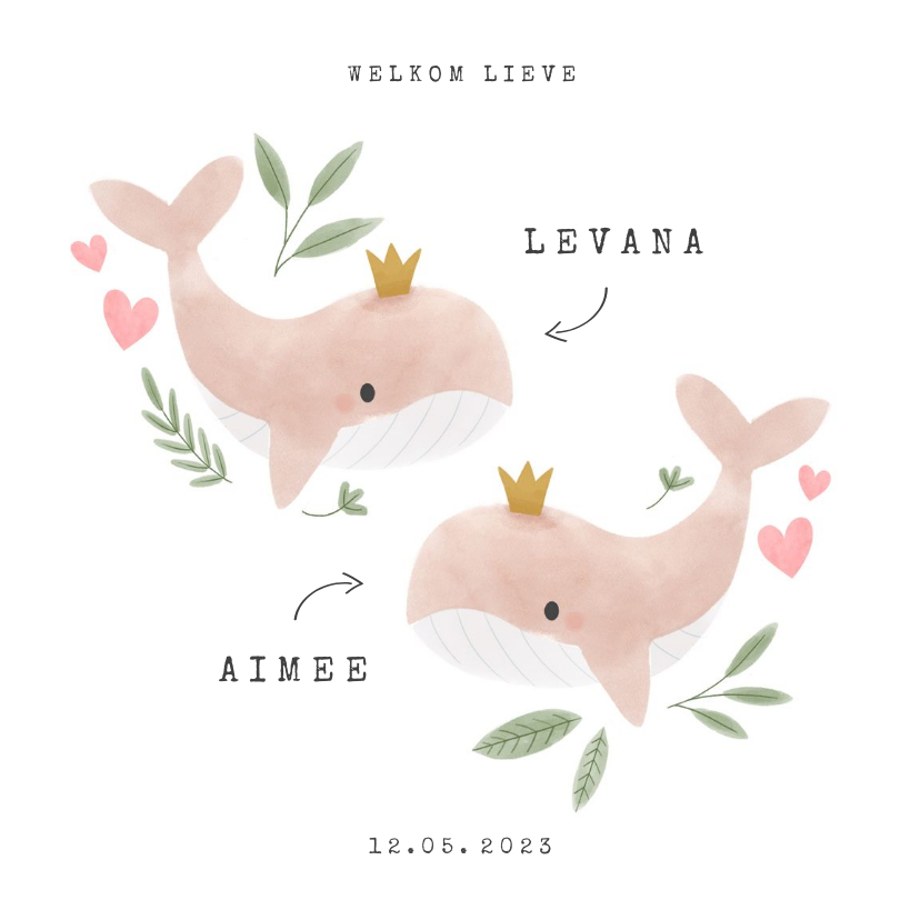 Geboortekaartjes - Geboortekaartje tweeling meisje walvisjes en hartjes