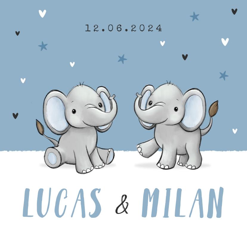 Geboortekaartjes - Geboortekaartje tweeling olifantjes blauw jongen sterren