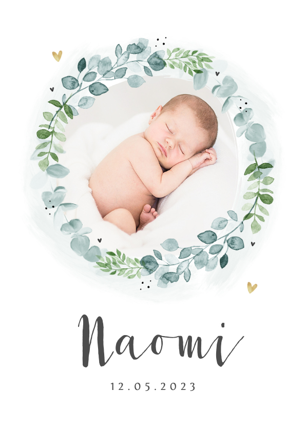 Geboortekaartje unisex krans eucalyptus foto hartjes - Geboortekaartjes Geboortekaartjes - Geboortekaartje unisex krans eucalyptus foto hartjes